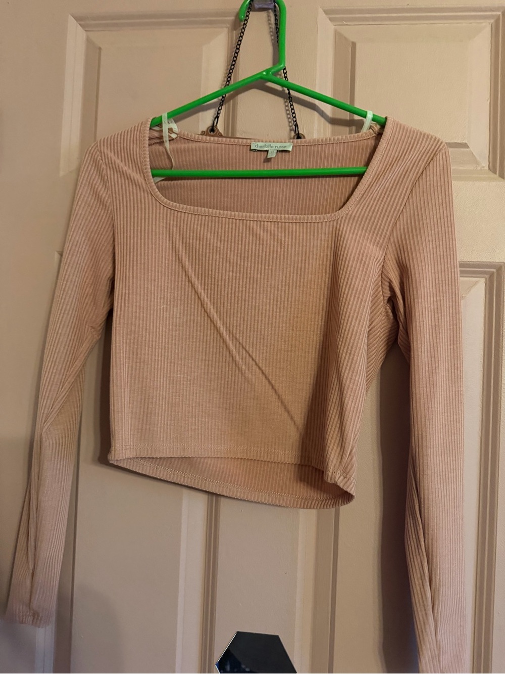 Charlotte Russe Ribbed Square Neck Cropped Top - Beige